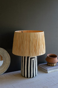 Black and White Paper Mache Table Lamp Base with Raffia Shade