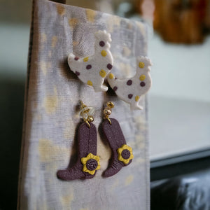 Chicken & Cowgirl Boots (with Sunflowers) Clay Earrings