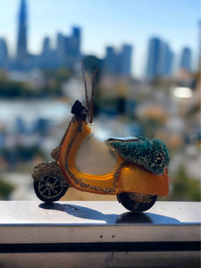 Hand-Painted Glass Scooter Ornament with Bottle Brush Christmas Trees and Glitter