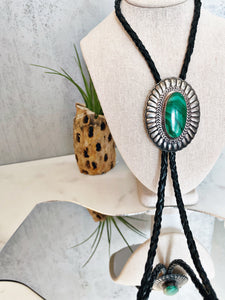 Vintage Stamped Silver and Malachite Bolo Tie